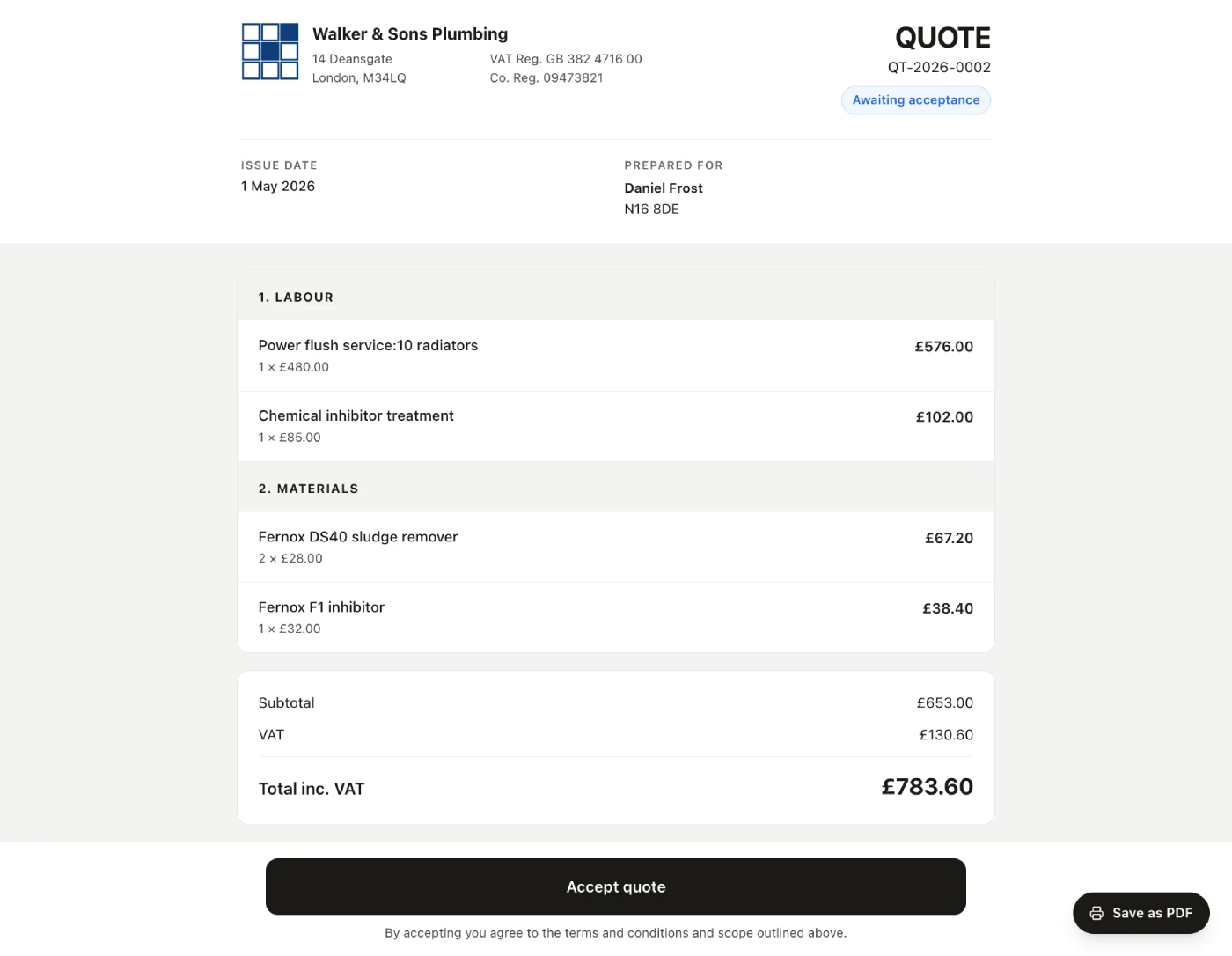 Client-facing quote page with Accept quote button