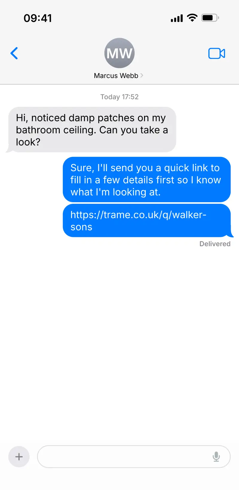 Tradesperson sending a Trame enquiry link to a client