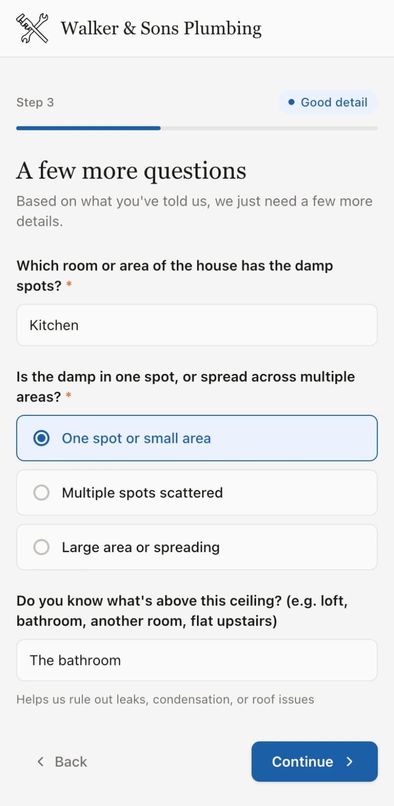 Client filling in a job-specific Trame enquiry form on their phone
