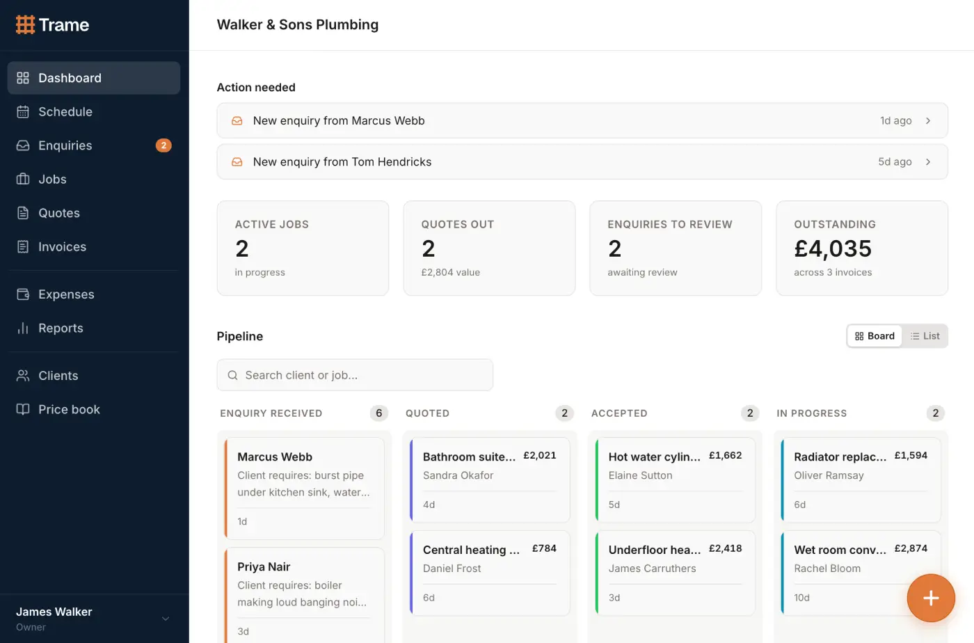 Job pipeline kanban board showing enquiries, quotes, and active jobs