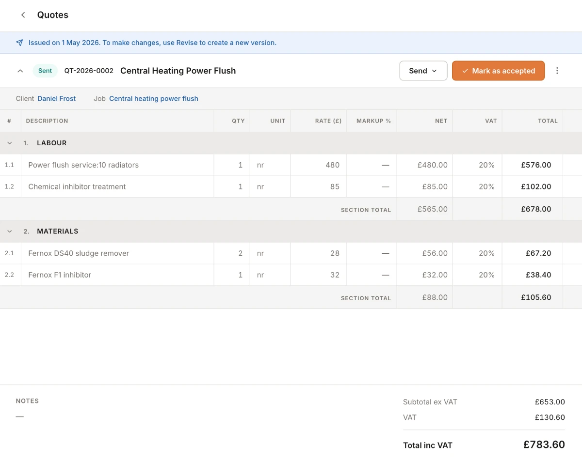 Quote builder showing line items, VAT breakdown and total