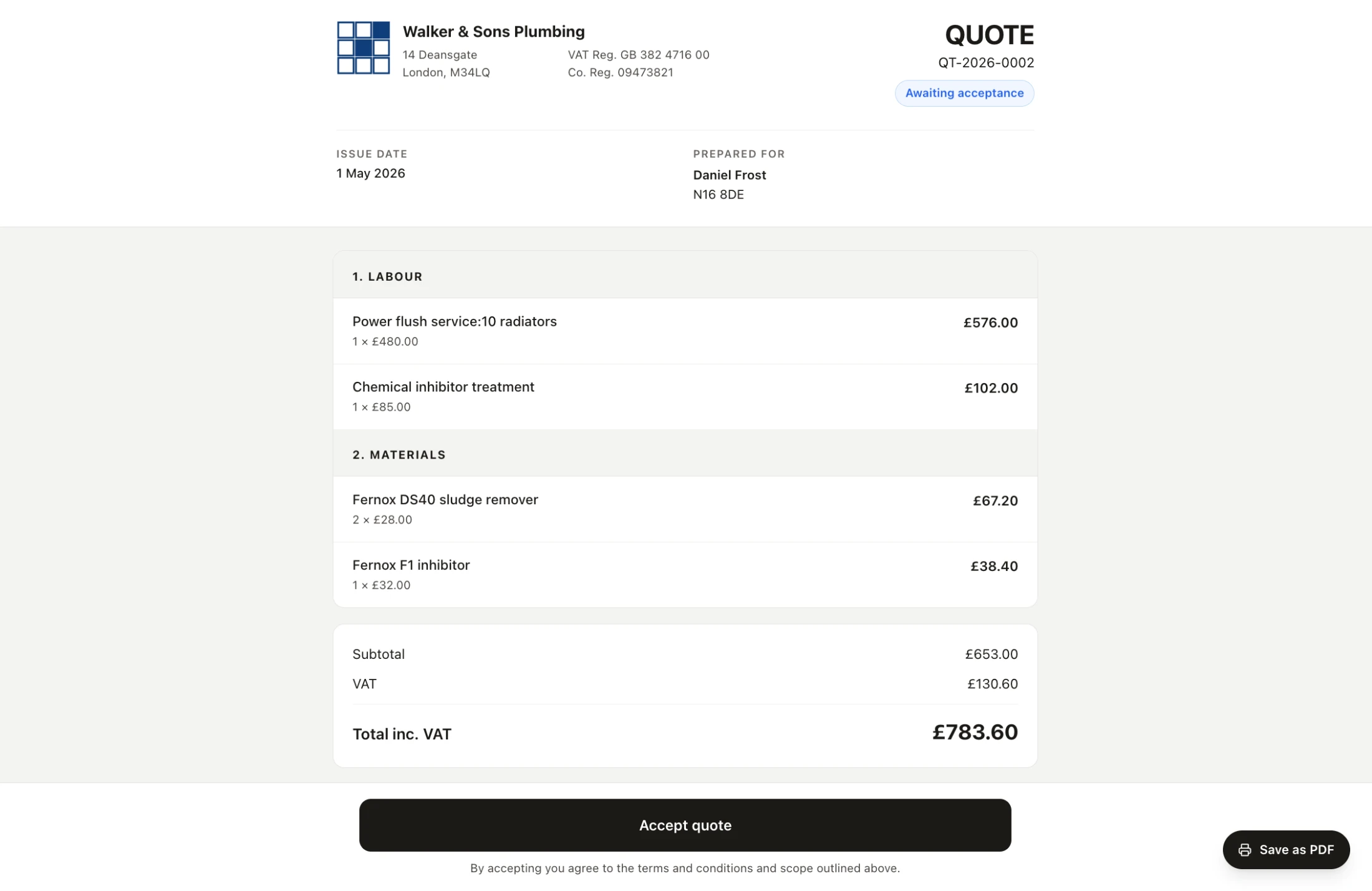 Client-facing branded quote document